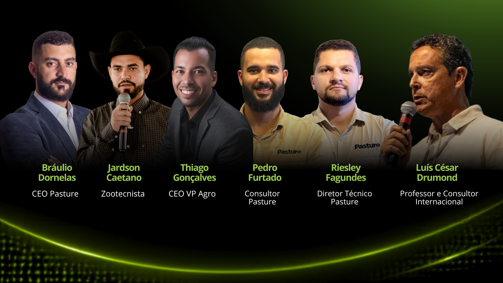 Palestrantes confirmados do PastureMind em destaque sobre uma pastagem irrigada: Thiago Gonçalves, Riesley Fagundes, Luís César Drumond, Bráulio Dornelas, Jardson Caetano e Pedro Furtado